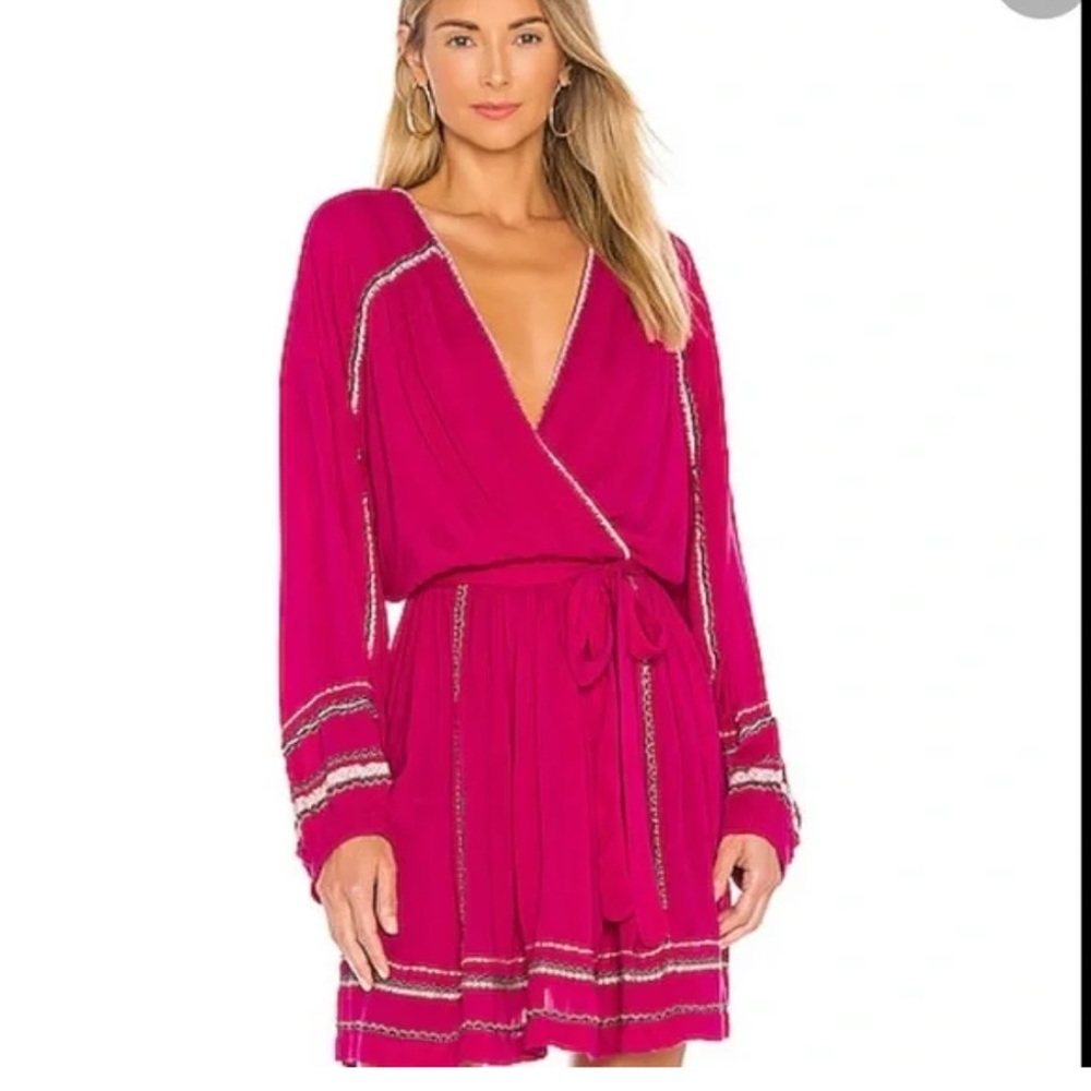 Free People Delilah Wrap Mini Dress Pink Metallic Trim Boho Size L